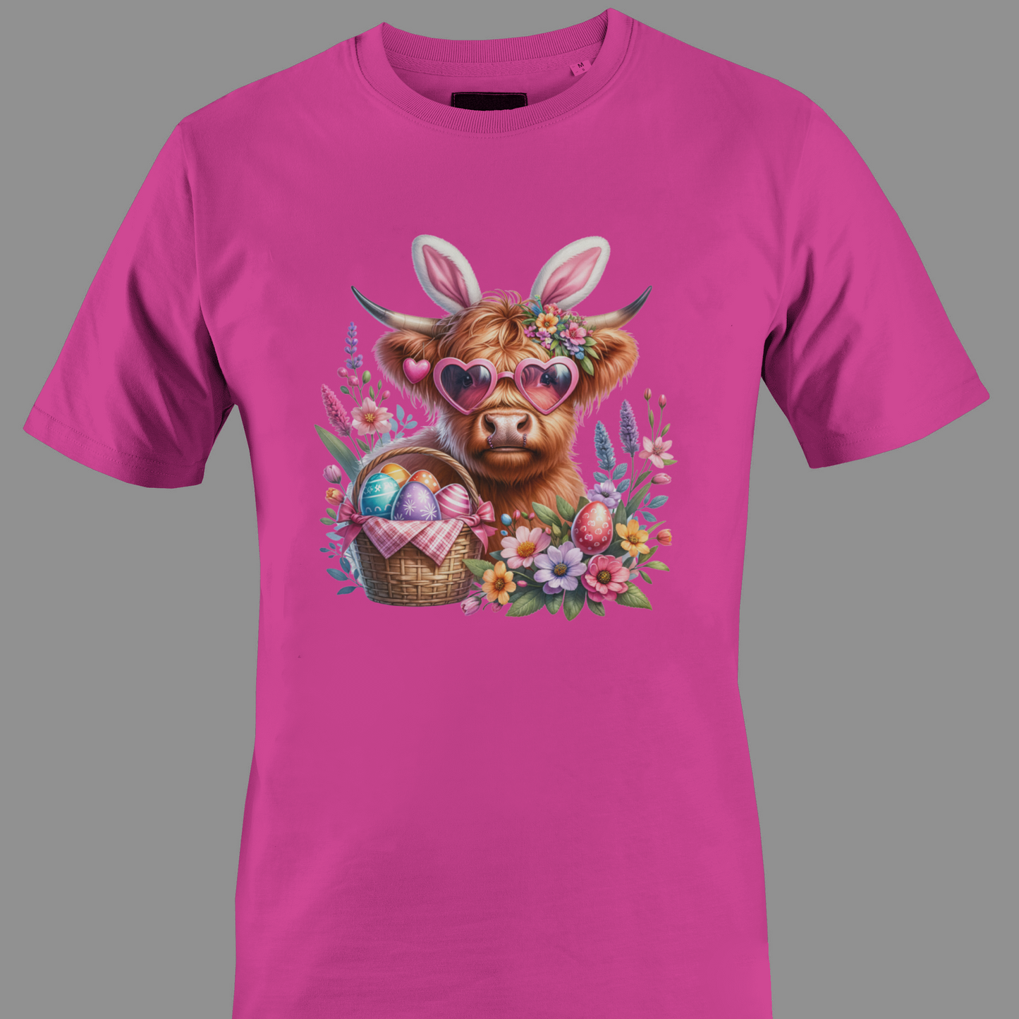 Dark pink t-shirt with a highland cow wearing heart glasses with an easter egg basket and flowers