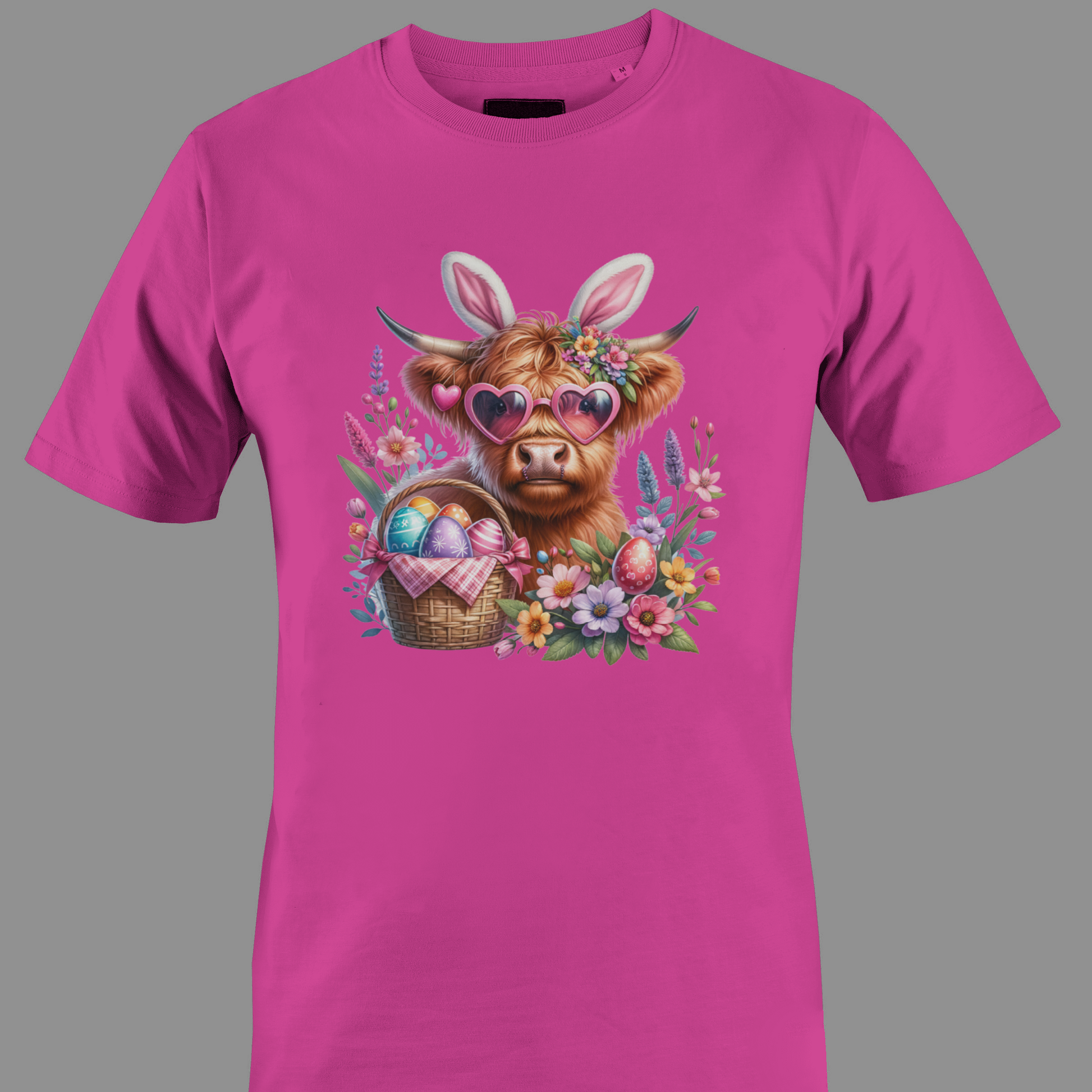 Dark pink t-shirt with a highland cow wearing heart glasses with an easter egg basket and flowers