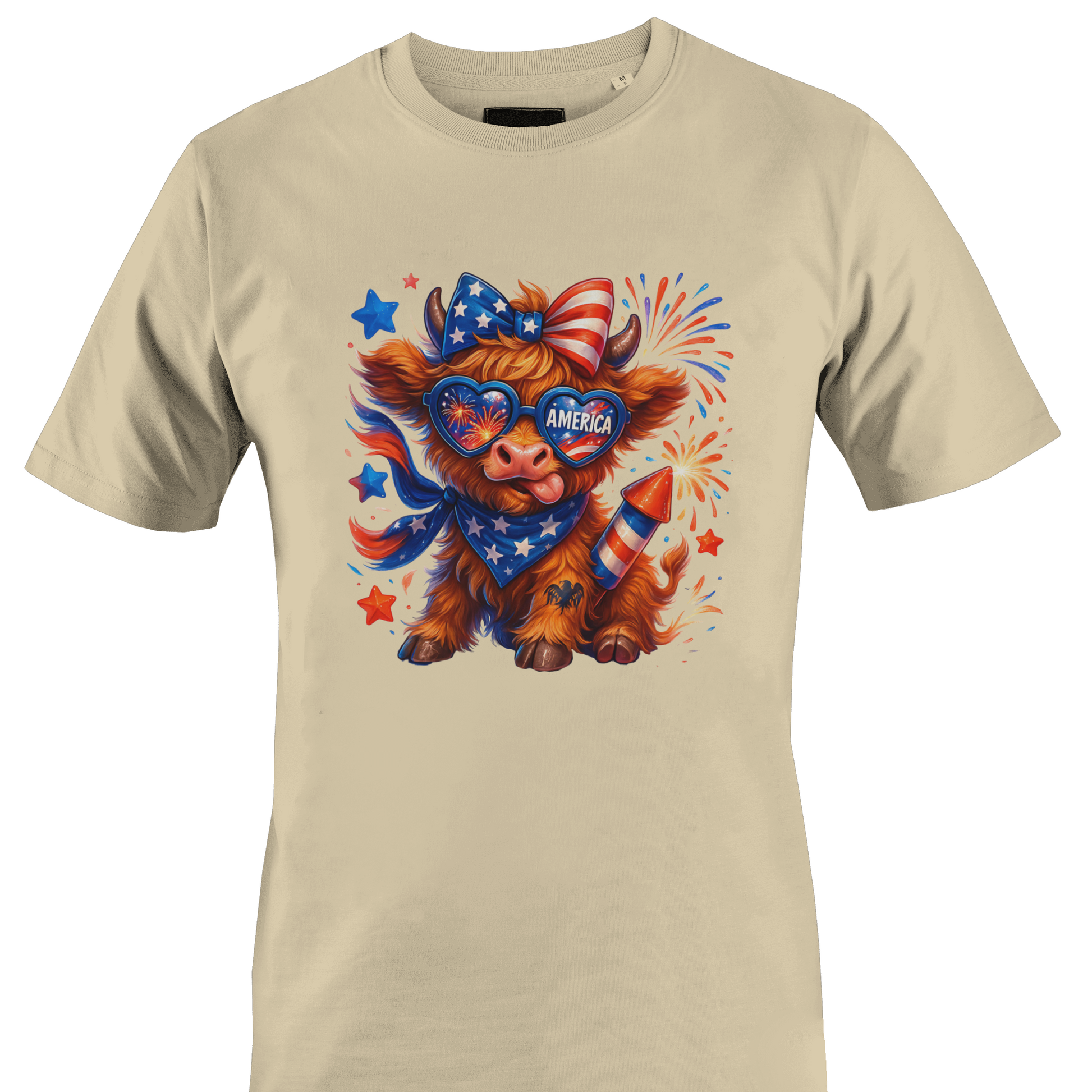 Beige t-shirt with a highland cow wearing an American flag bow and sunglasses 