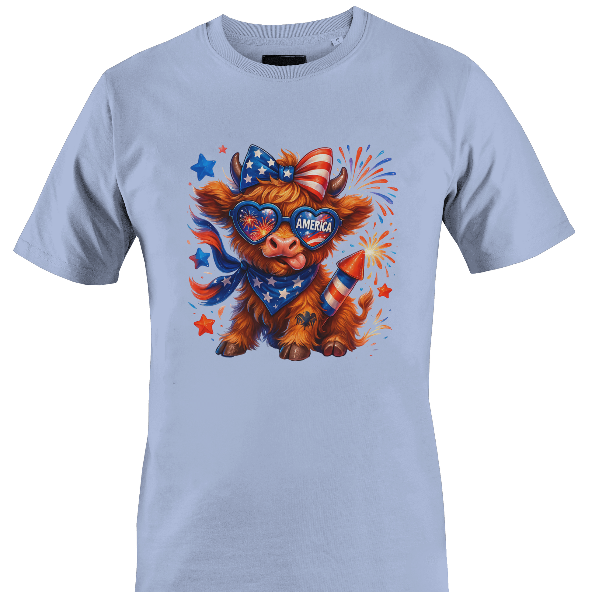 Light blue t-shirt with a highland cow wearing an American flag bow and sunglasses 