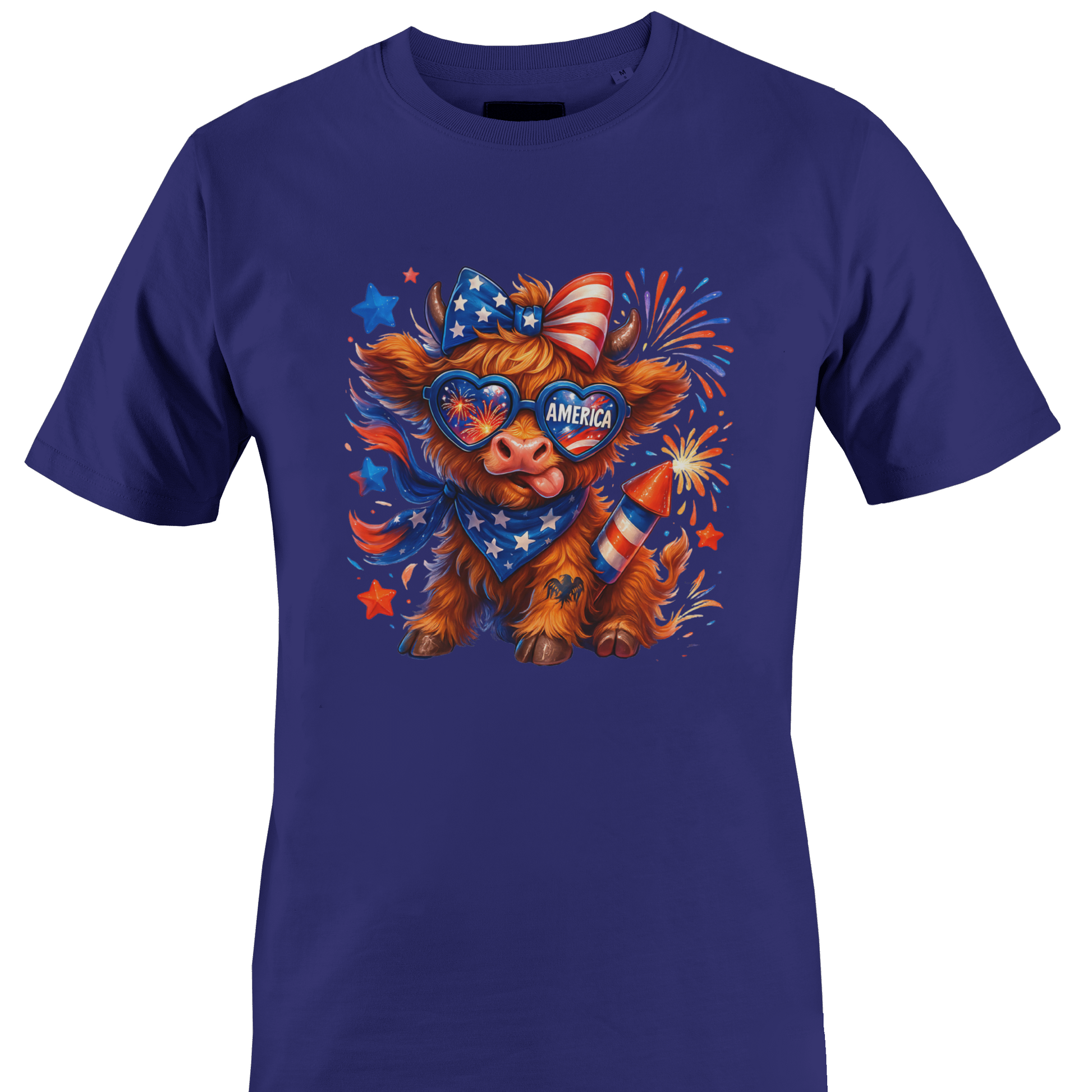 Royal Blue t-shirt with a highland cow wearing an American flag bow and sunglasses 