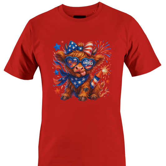 Red t-shirt with a highland cow wearing an American flag bow and sunglasses 