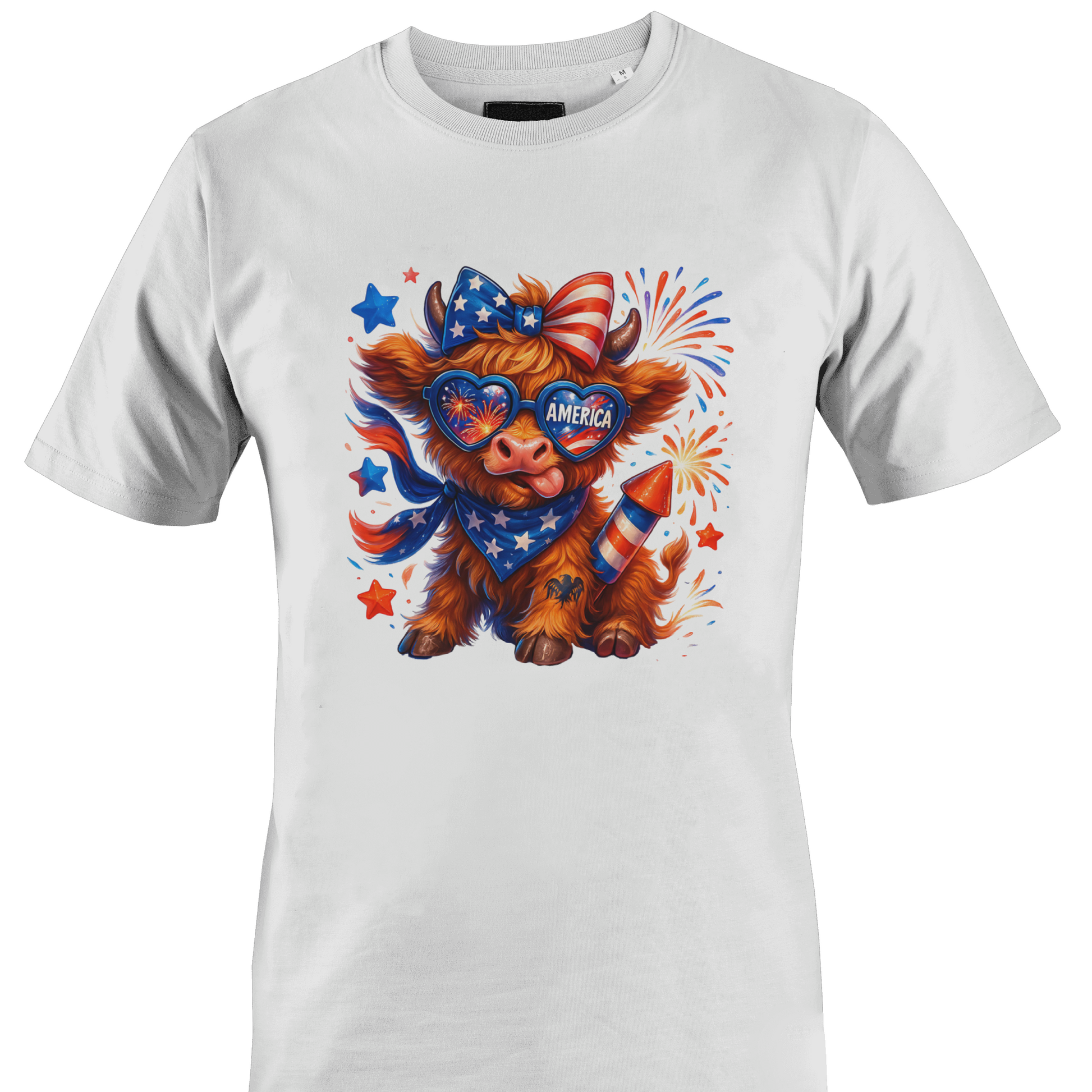 White t-shirt with a highland cow wearing an American flag bow and sunglasses 