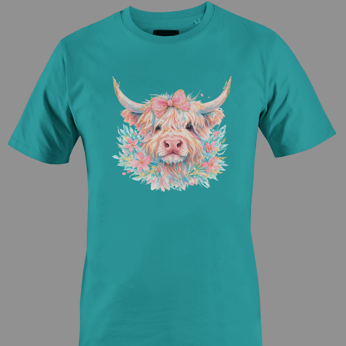 Teal pink t-shirt with a multi-color highland cow 