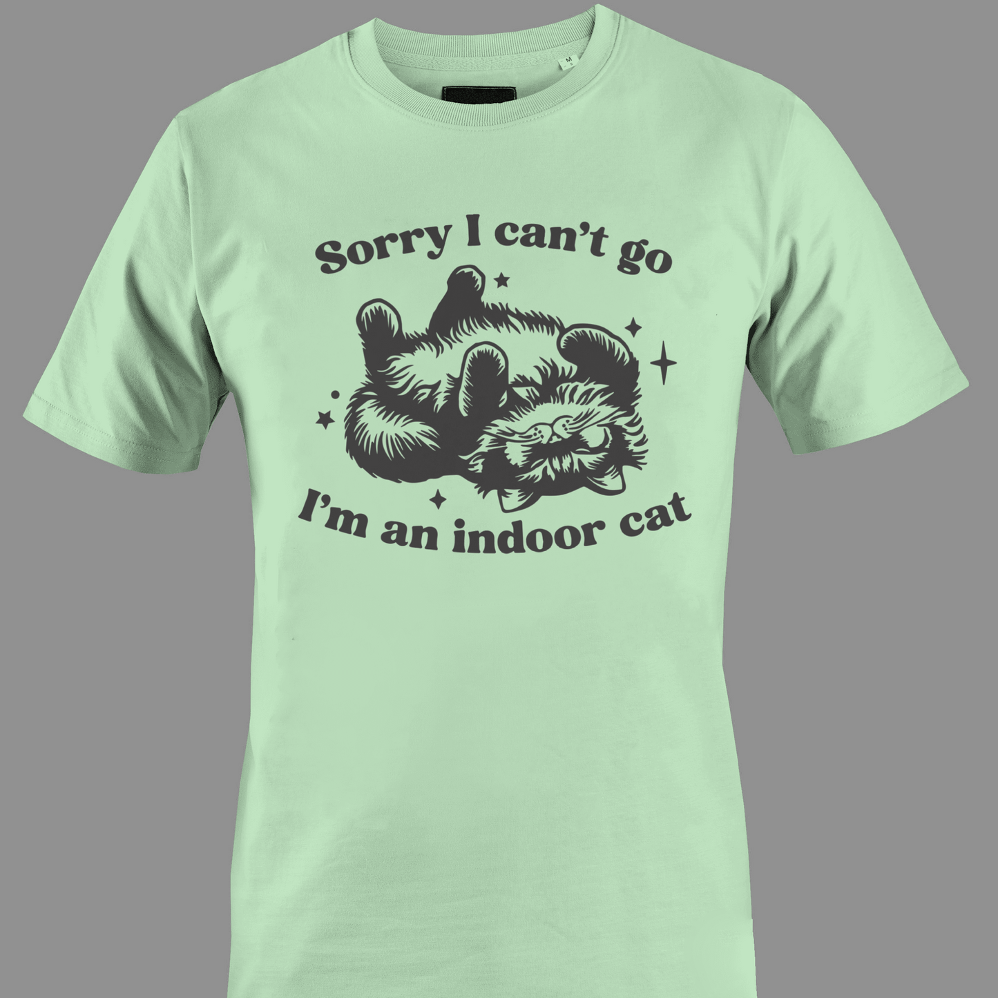 Light green t-shirt with sleeping cat illustration with text 'Sorry I can't go, I'm an indoor cat' 