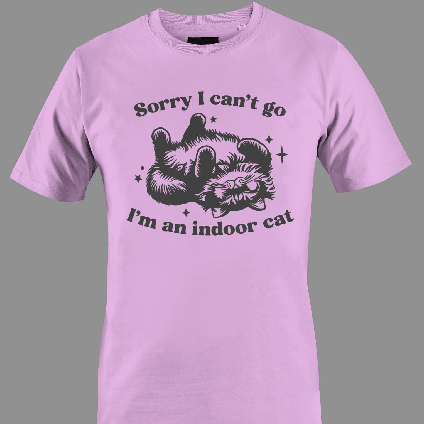 Light pink t-shirt with sleeping cat illustration with text 'Sorry I can't go, I'm an indoor cat' 