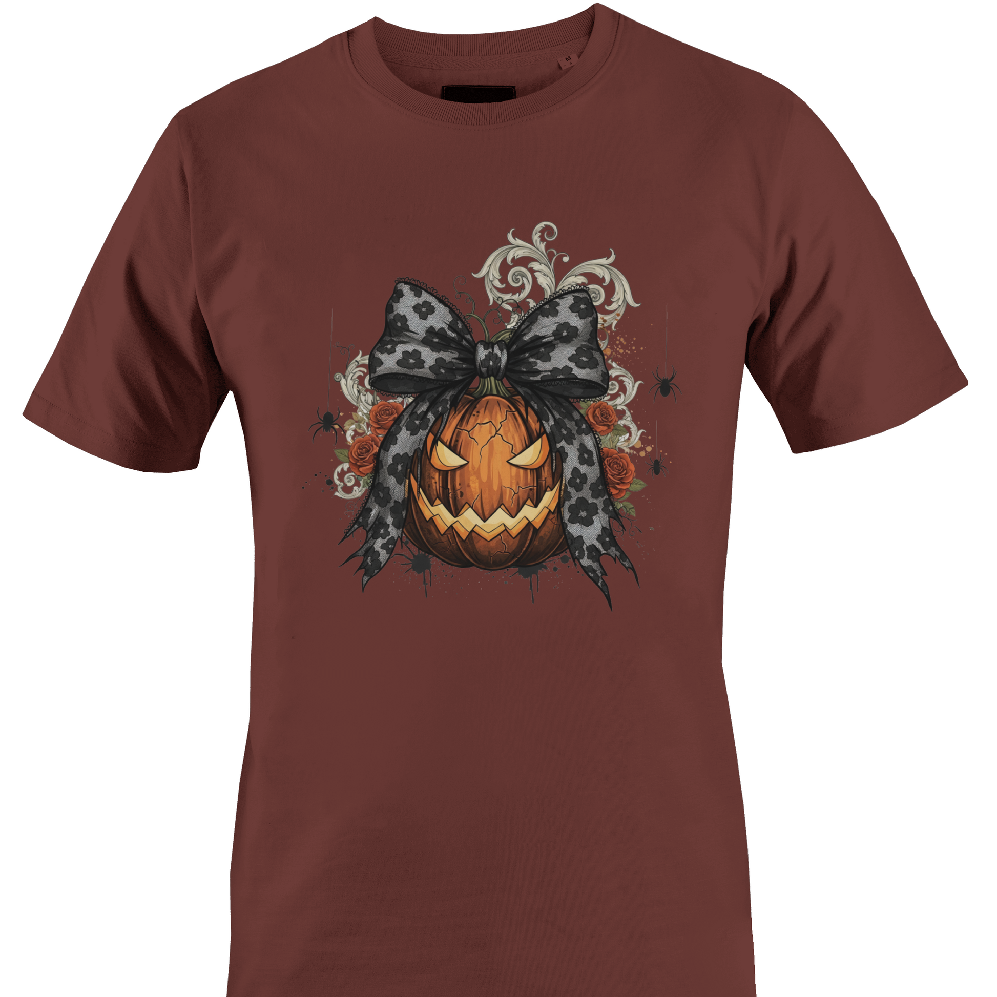 Brown t-shirt with a jack o lantern wearing a bow surrounded by roses and vines for Halloween by Monkey's Creations. 