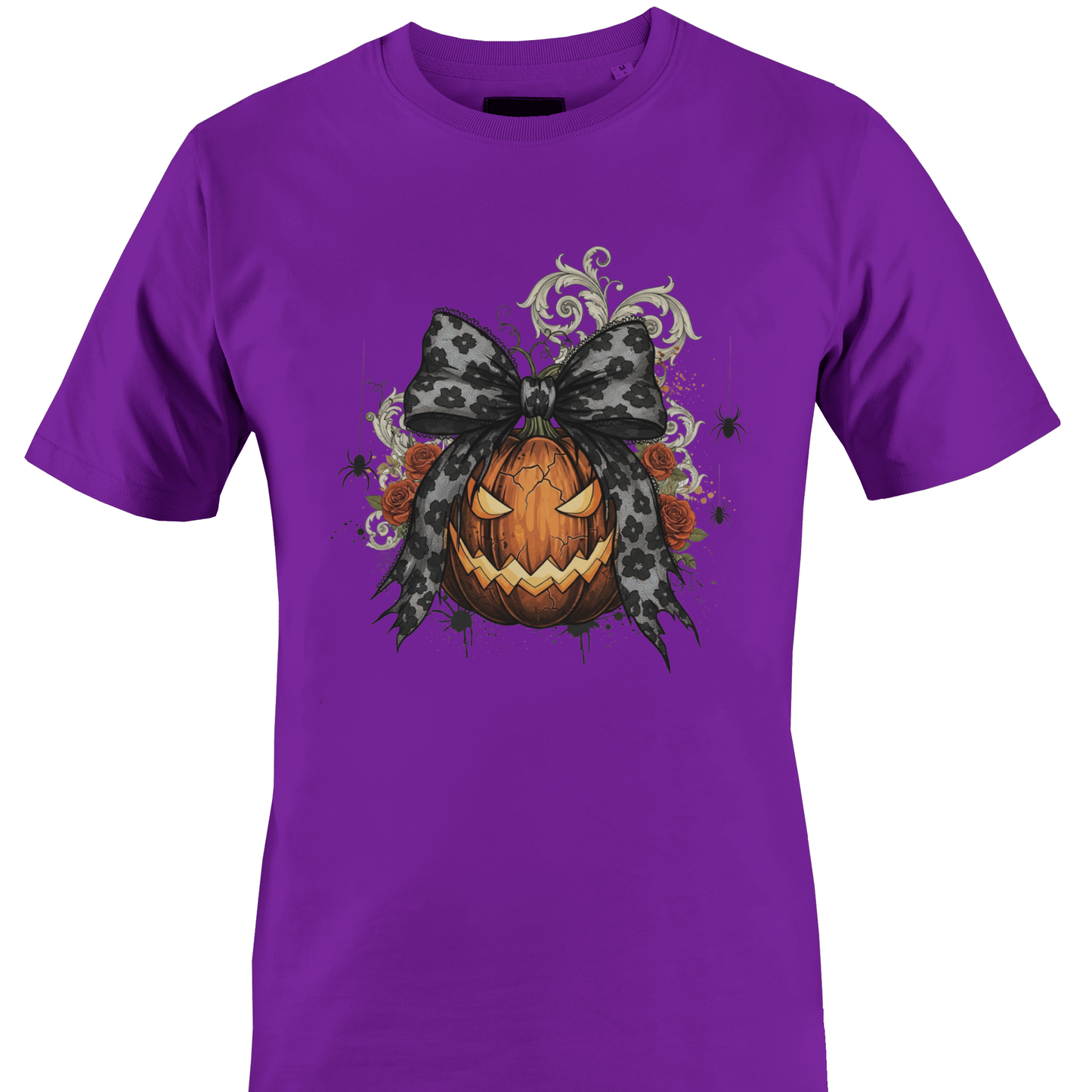 Dark purple t-shirt with a jack o lantern wearing a bow surrounded by roses and vines for Halloween by Monkey's Creations. 