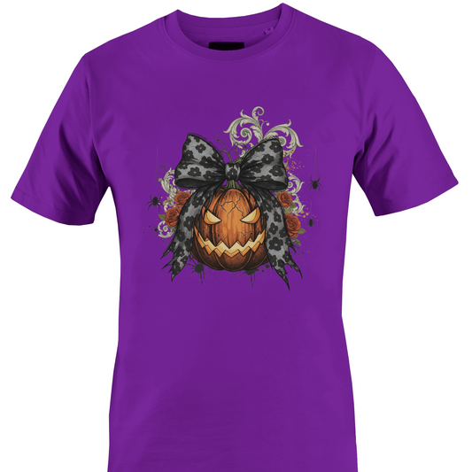 Dark purple t-shirt with a jack o lantern wearing a bow surrounded by roses and vines for Halloween by Monkey's Creations. 