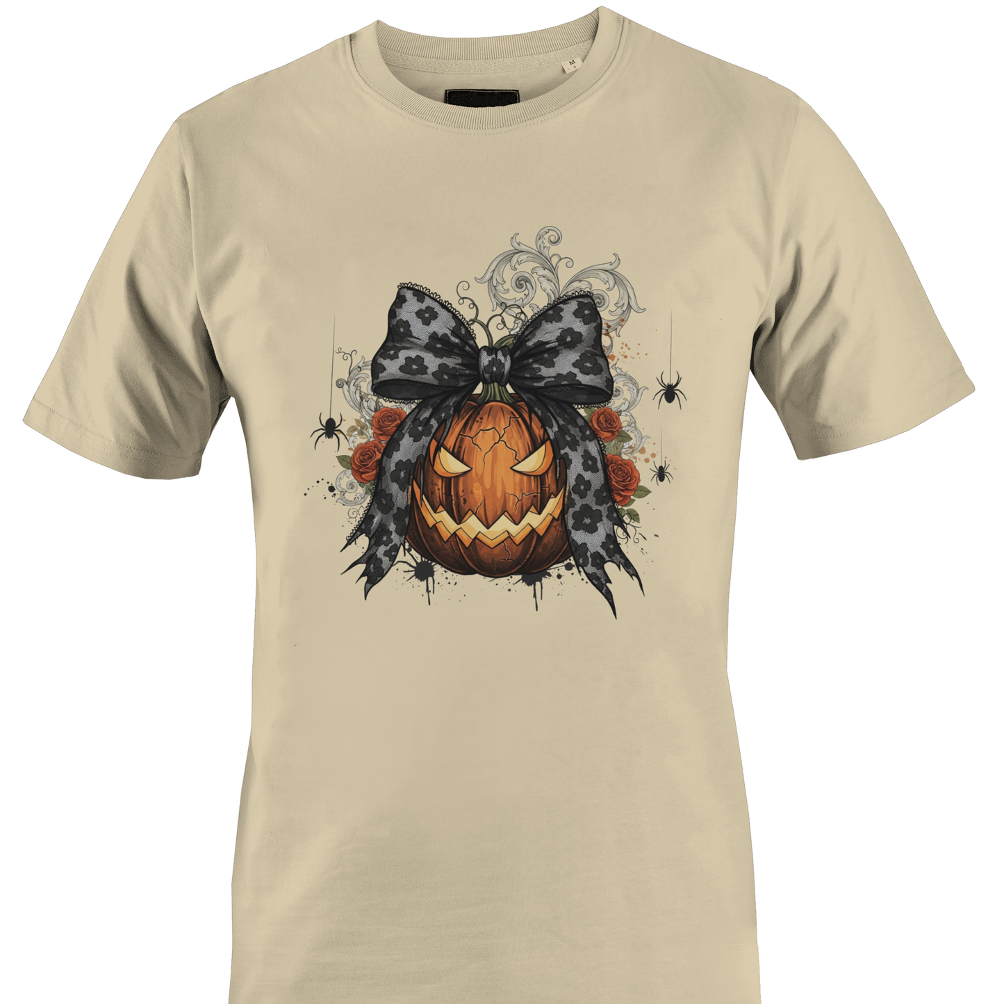 Tan t-shirt with a jack o lantern wearing a bow surrounded by roses and vines for Halloween by Monkey's Creations. 