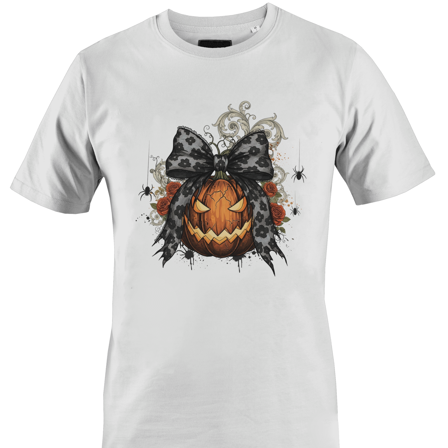 White t-shirt with a jack o lantern wearing a bow surrounded by roses and vines for Halloween by Monkey's Creations. 