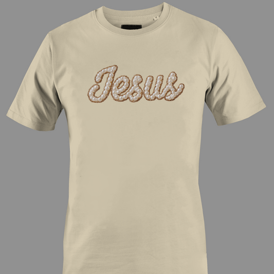 Beige t-shirt with 'Jesus' text