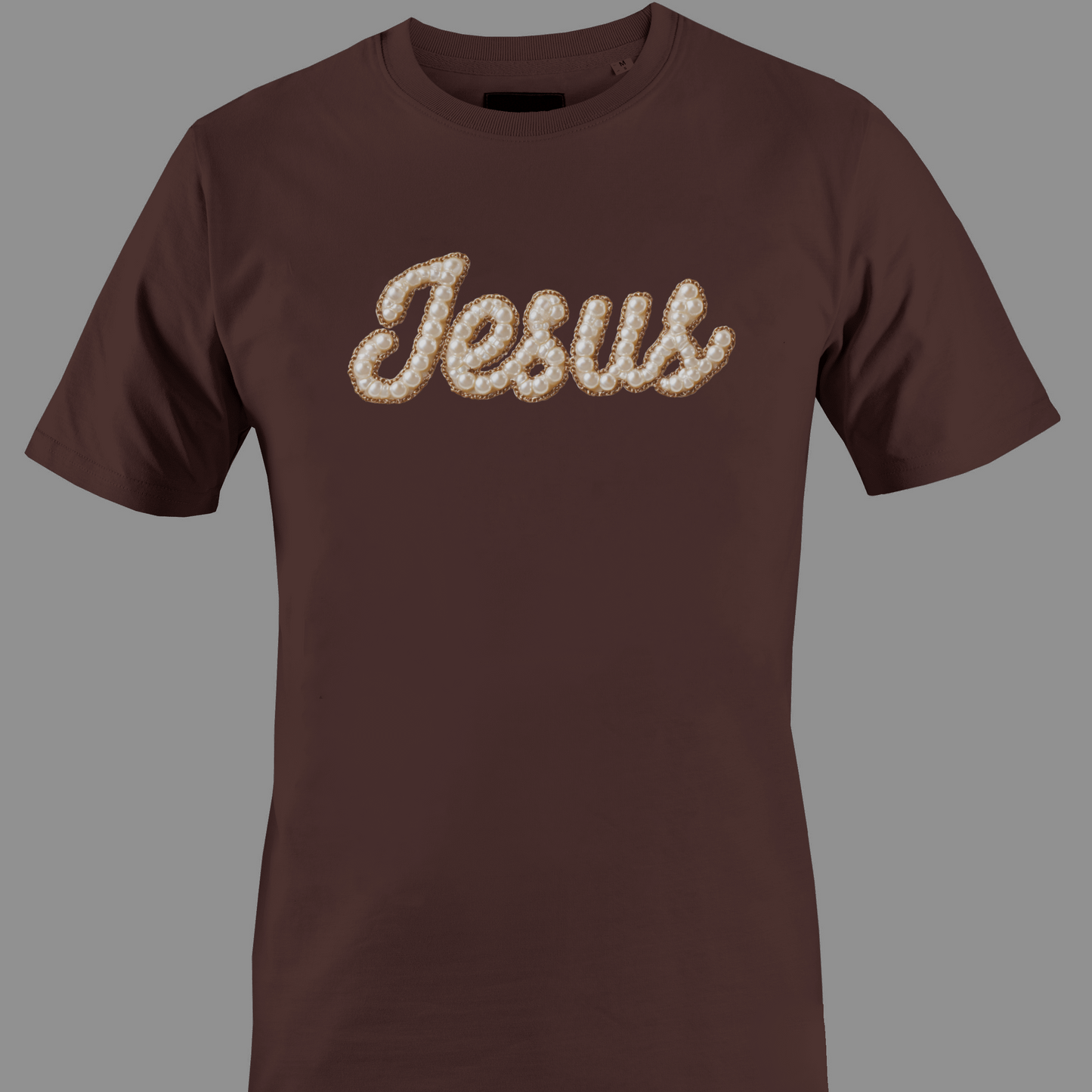 Brown t-shirt with 'Jesus' text