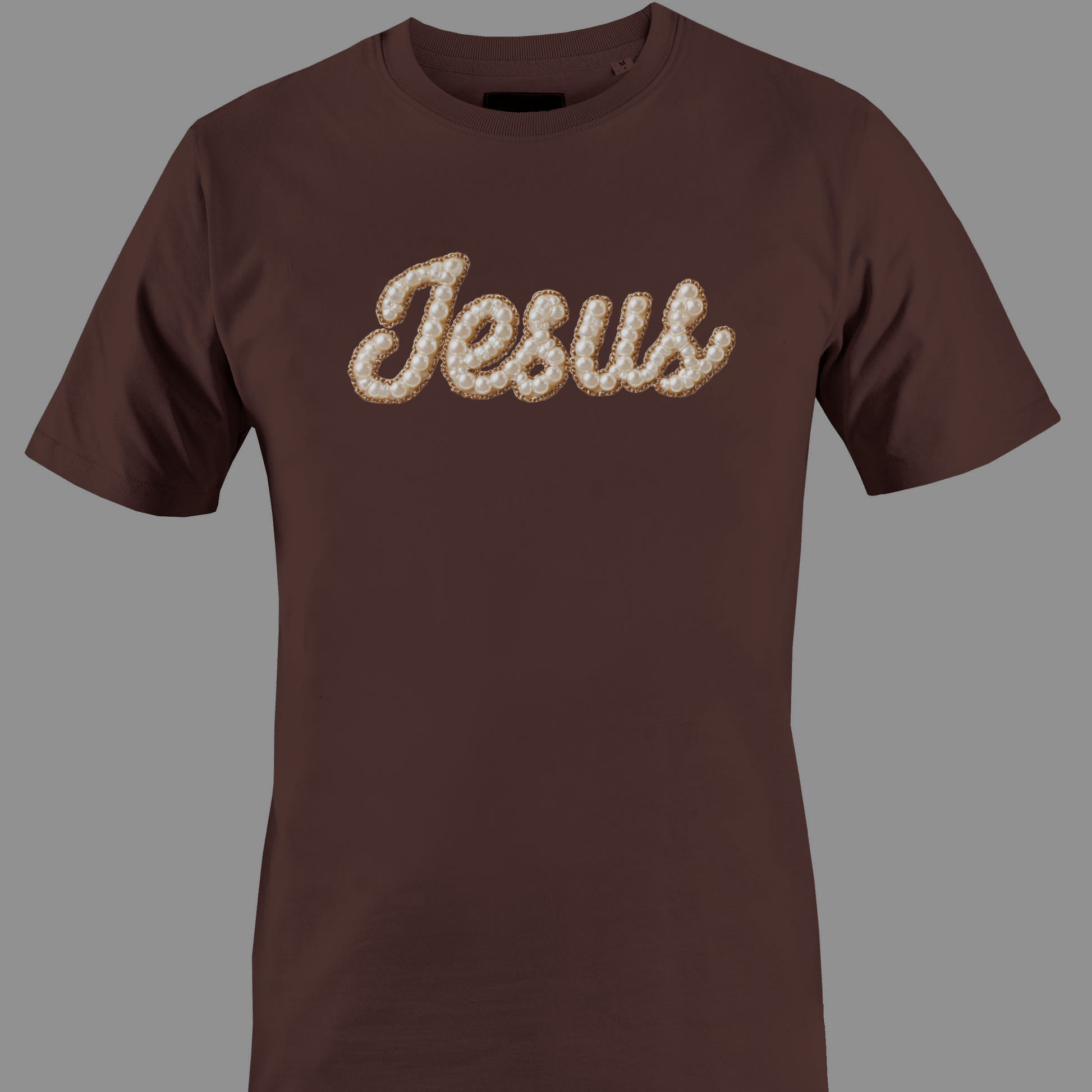 Brown t-shirt with 'Jesus' text