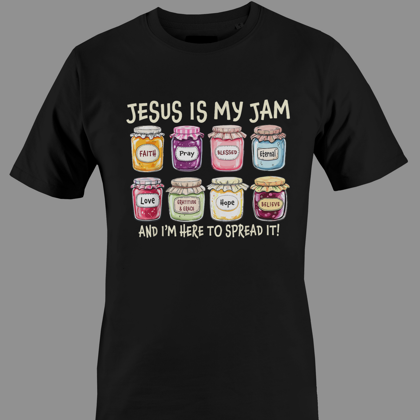 Black t-shirt with colorful jam jars graphic and text Jesus is my jam