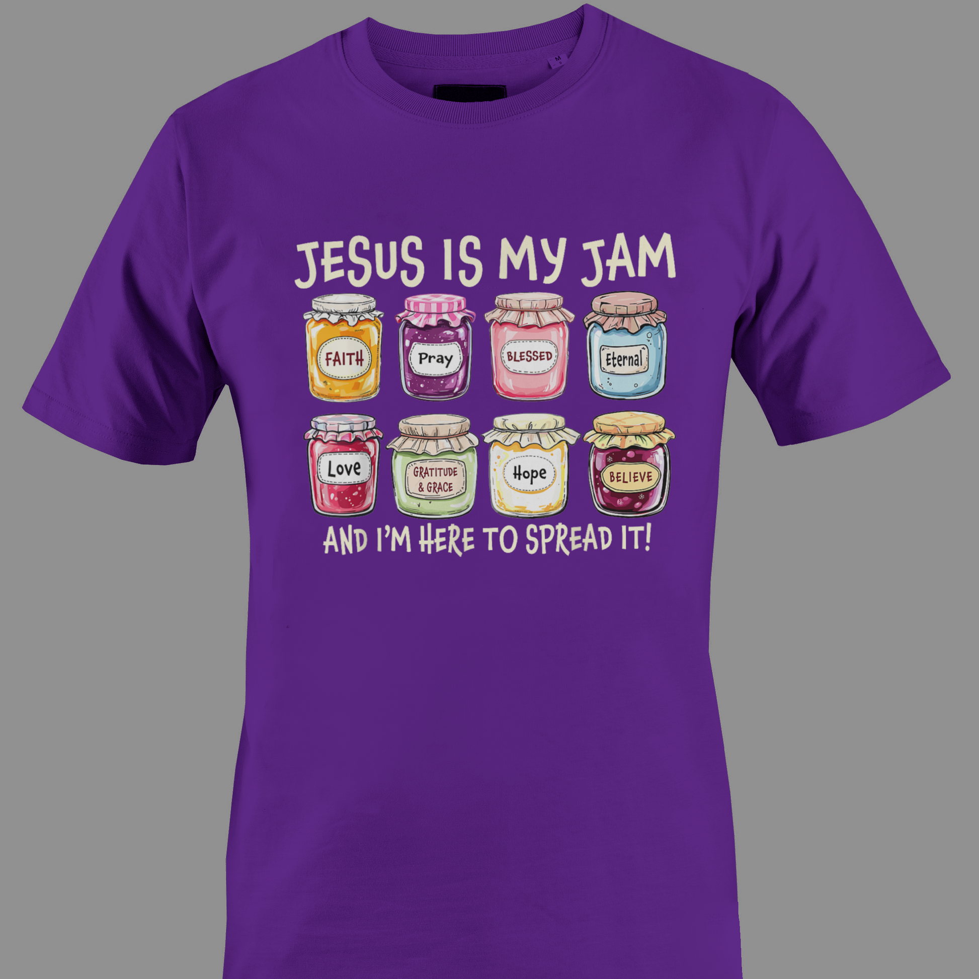 Dark purple t-shirt with colorful jam jars graphic and text Jesus is my jam