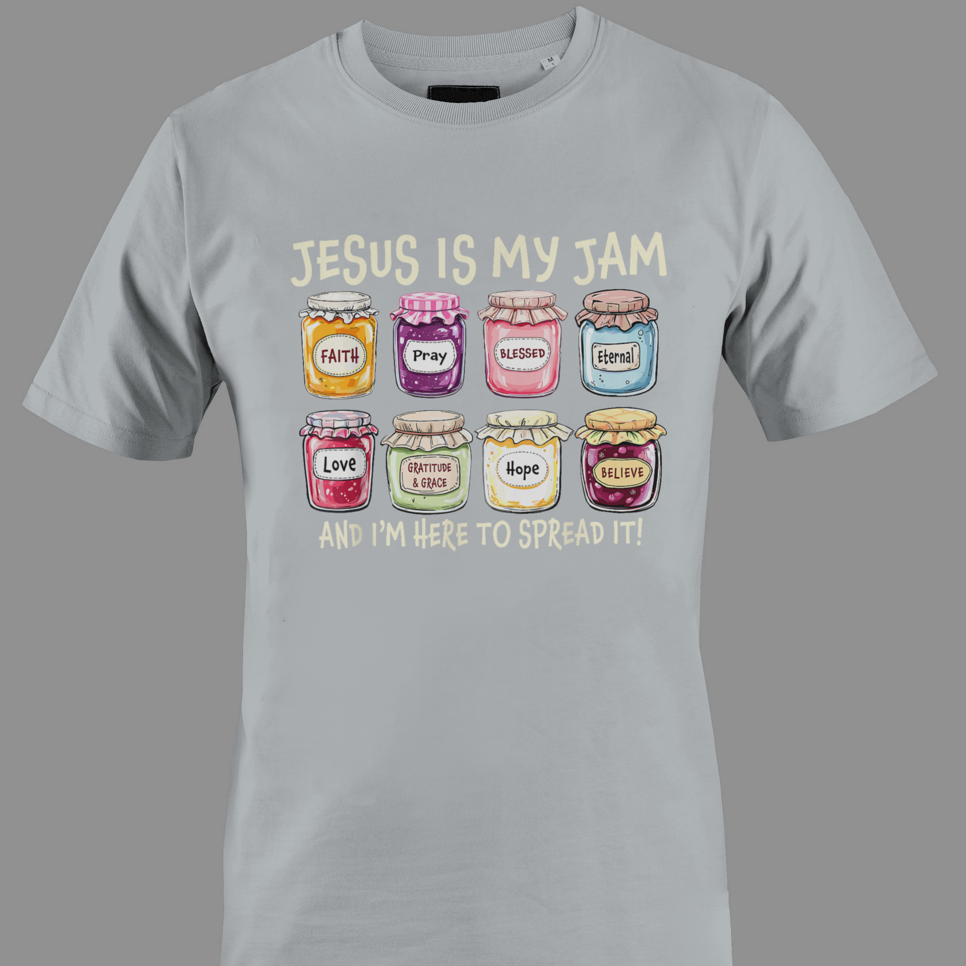 Light grayt-shirt with colorful jam jars graphic and text Jesus is my jam