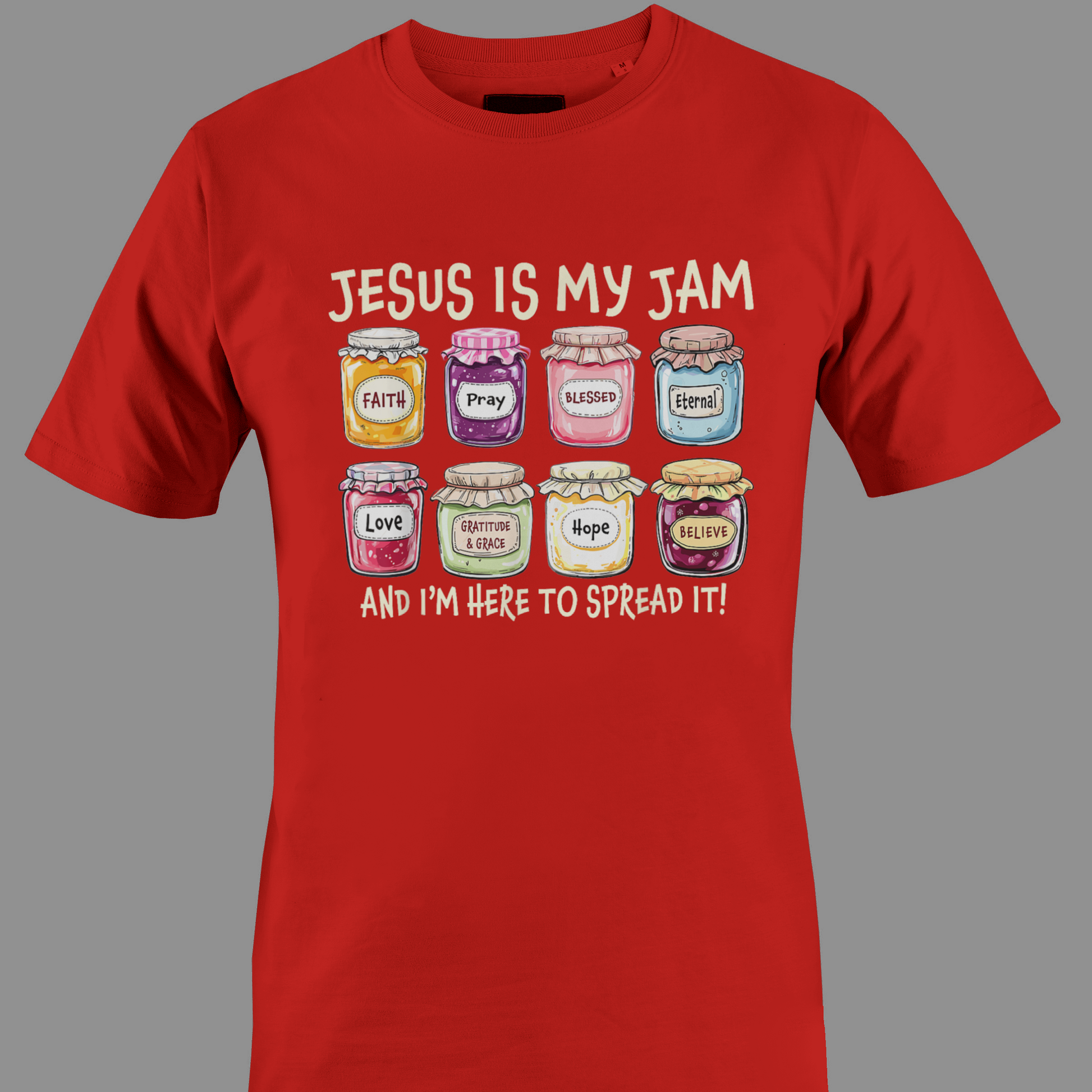 Red t-shirt with colorful jam jars graphic and text Jesus is my jam