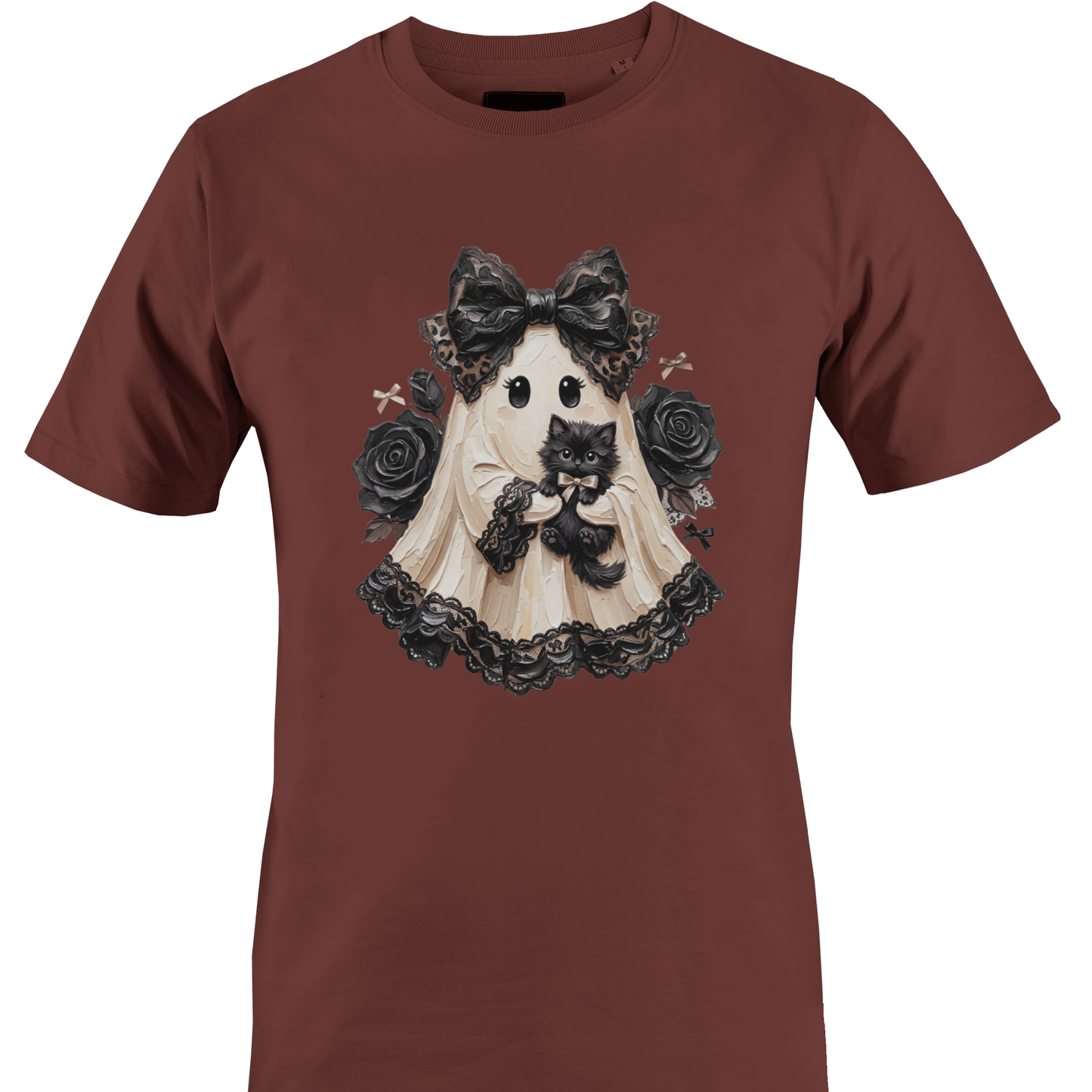 Brown t-shirt with a lace sheeted ghost with a black cat and roses for Halloween by Monkey's Creations. 