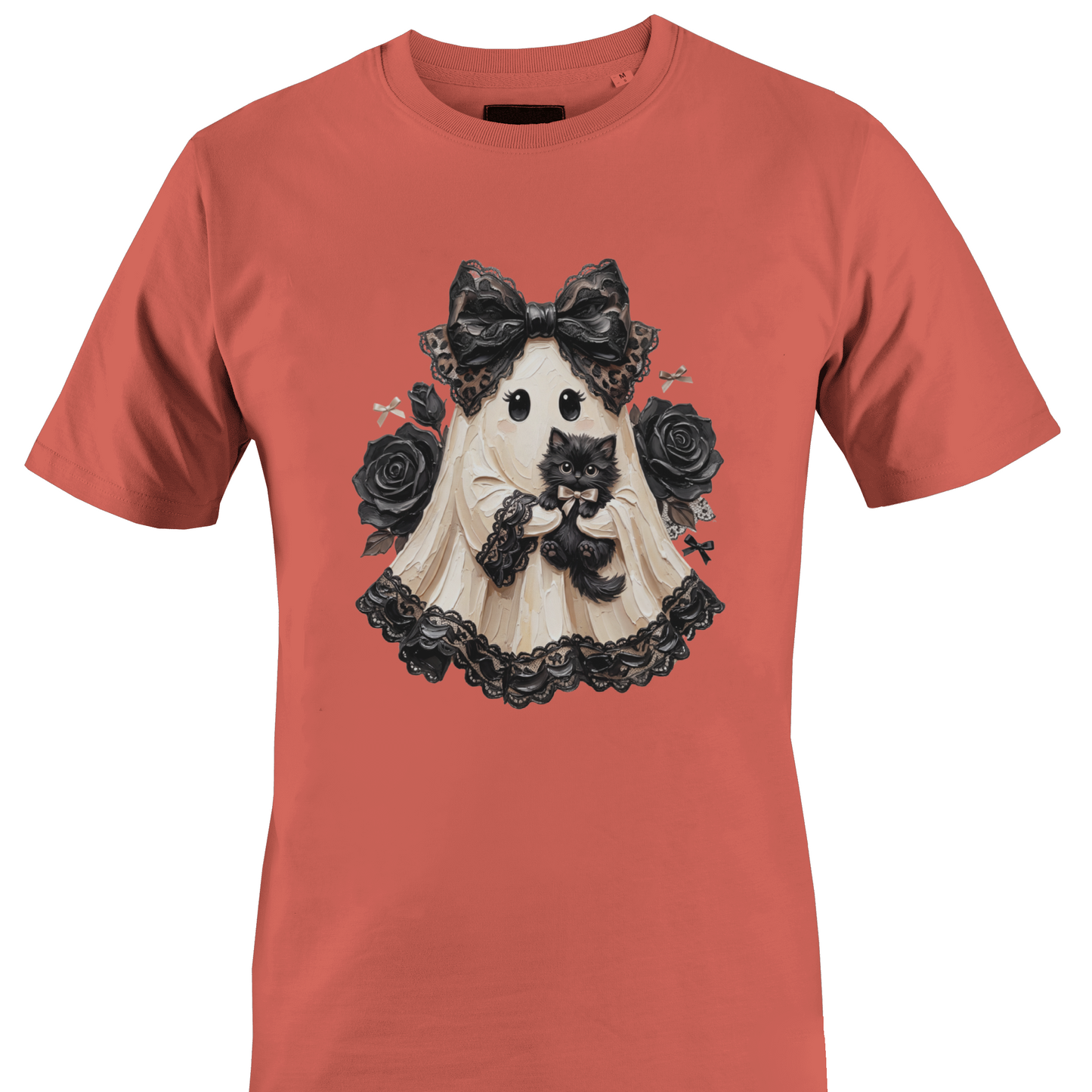 Coral t-shirt with a lace sheeted ghost with a black cat and roses for Halloween by Monkey's Creations. 