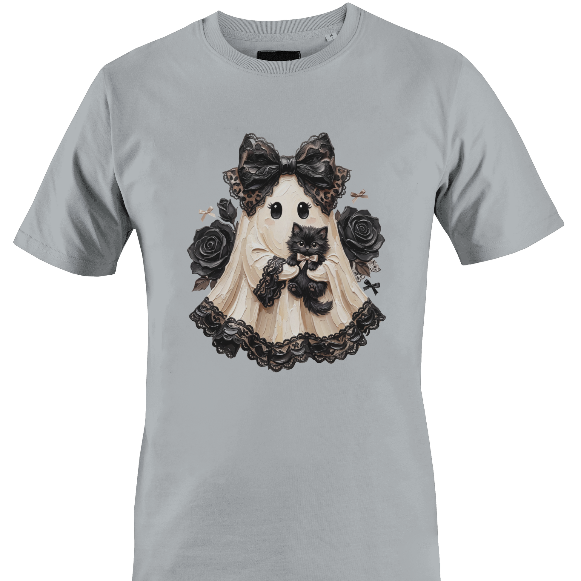 Light grey t-shirt with a lace sheeted ghost with a black cat and roses for Halloween by Monkey's Creations. 