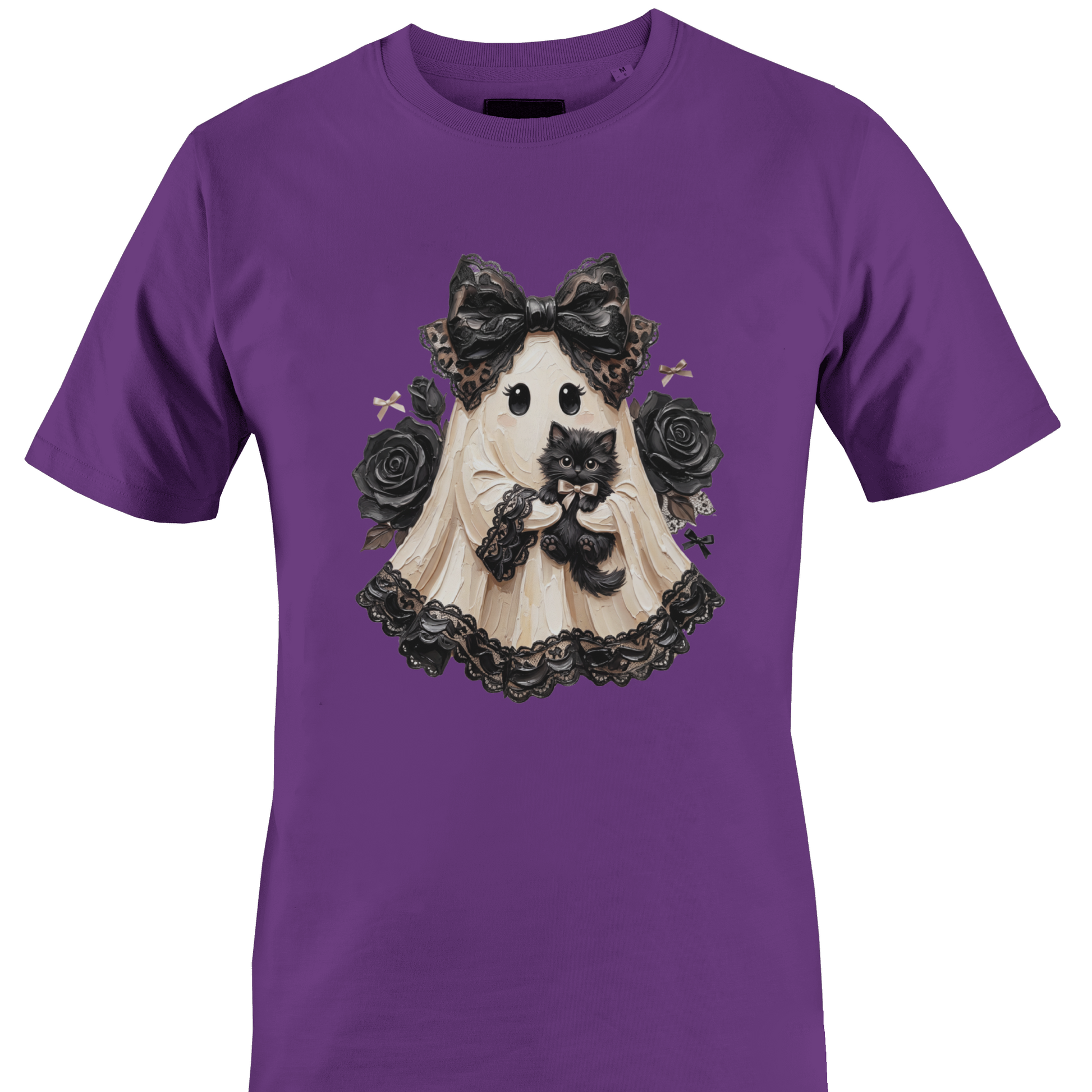 Purple t-shirt with a lace sheeted ghost with a black cat and roses for Halloween by Monkey's Creations. 