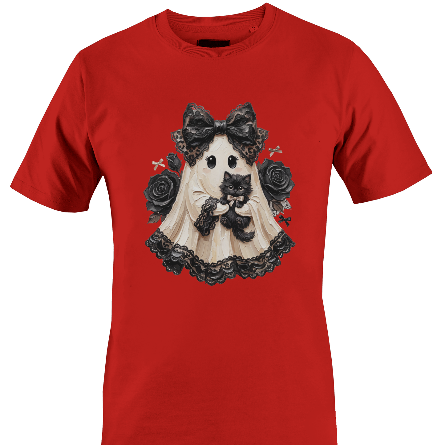 Red t-shirt with a lace sheeted ghost with a black cat and roses for Halloween by Monkey's Creations. 