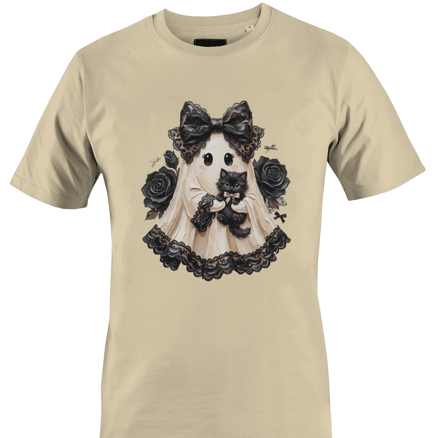 Tan t-shirt with a lace sheeted ghost with a black cat and roses for Halloween by Monkey's Creations. 