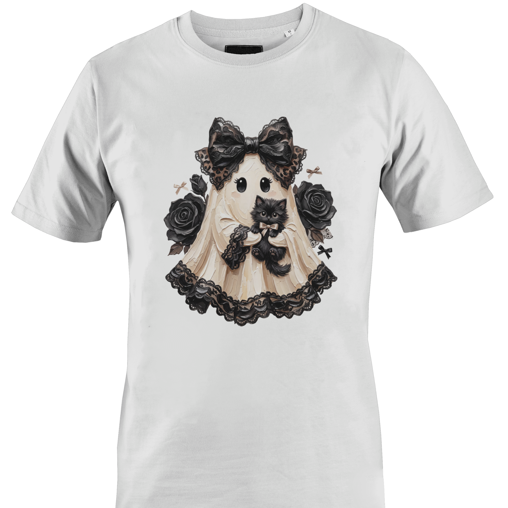 GHOST OF HARLEMスカルプリント シアーTシャツ アンサンブル T-Shirt / Crew Neck - Black Lace Ghost with Halloween Elements
