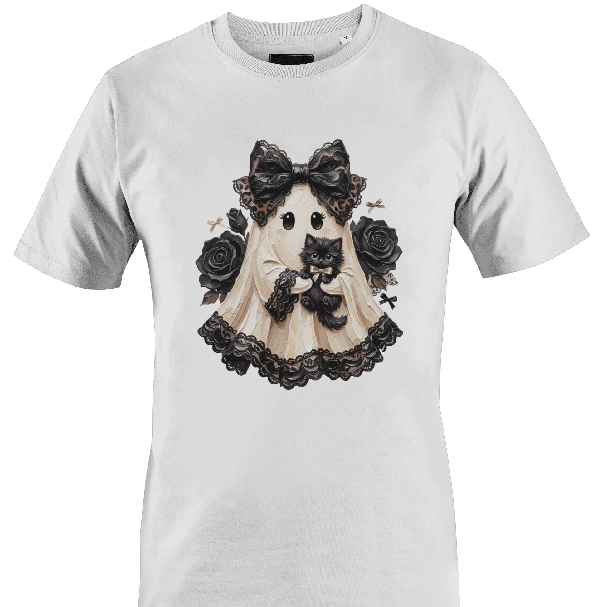 White t-shirt with a lace sheeted ghost with a black cat and roses for Halloween by Monkey's Creations. 