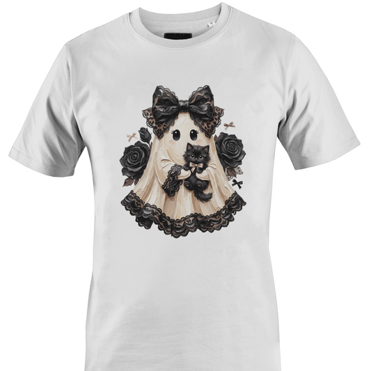White t-shirt with a lace sheeted ghost with a black cat and roses for Halloween by Monkey's Creations. 