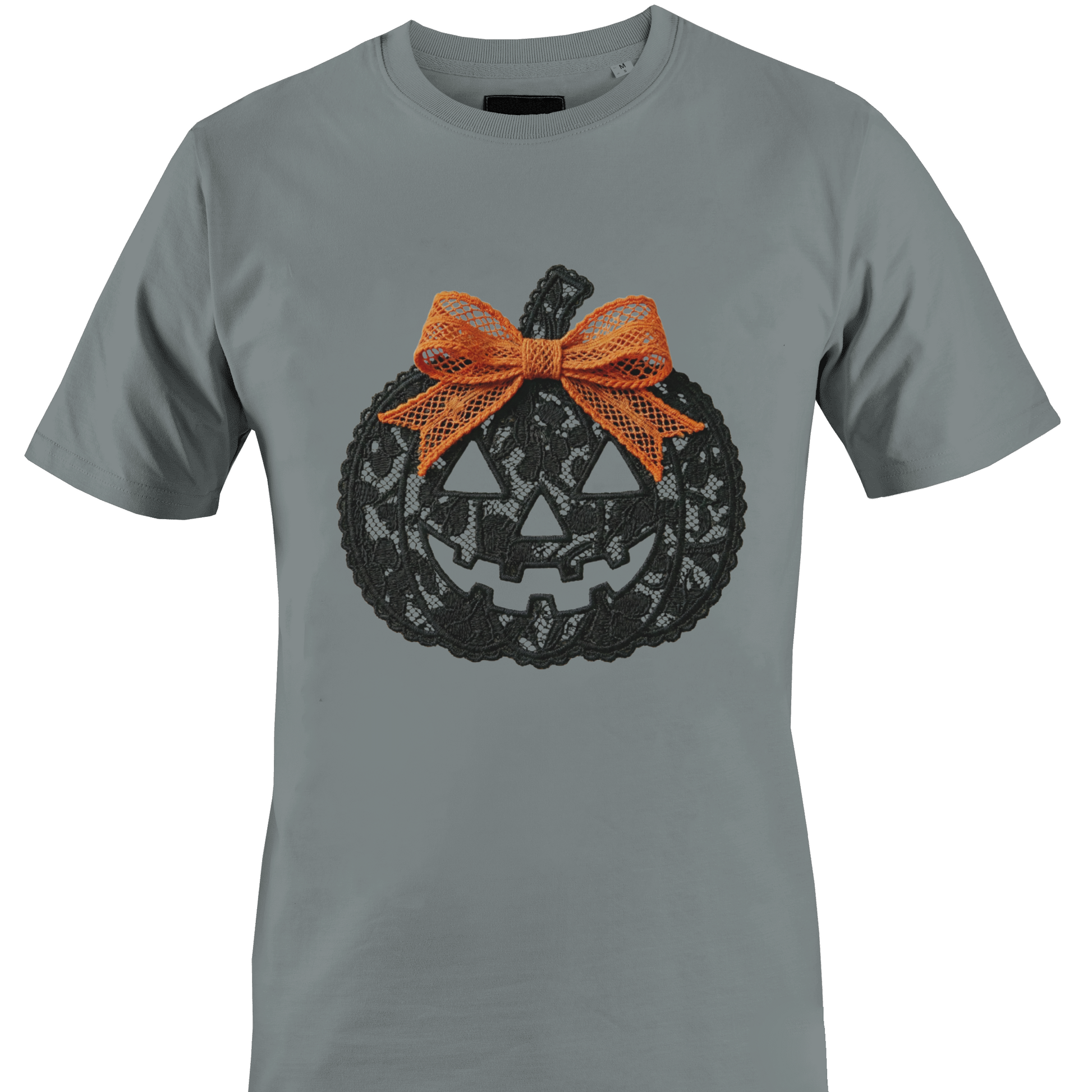 Grey t-shirt with a black lace jack-o'-lantern with an orange lace bow for Halloween by Monkey's Creations. 