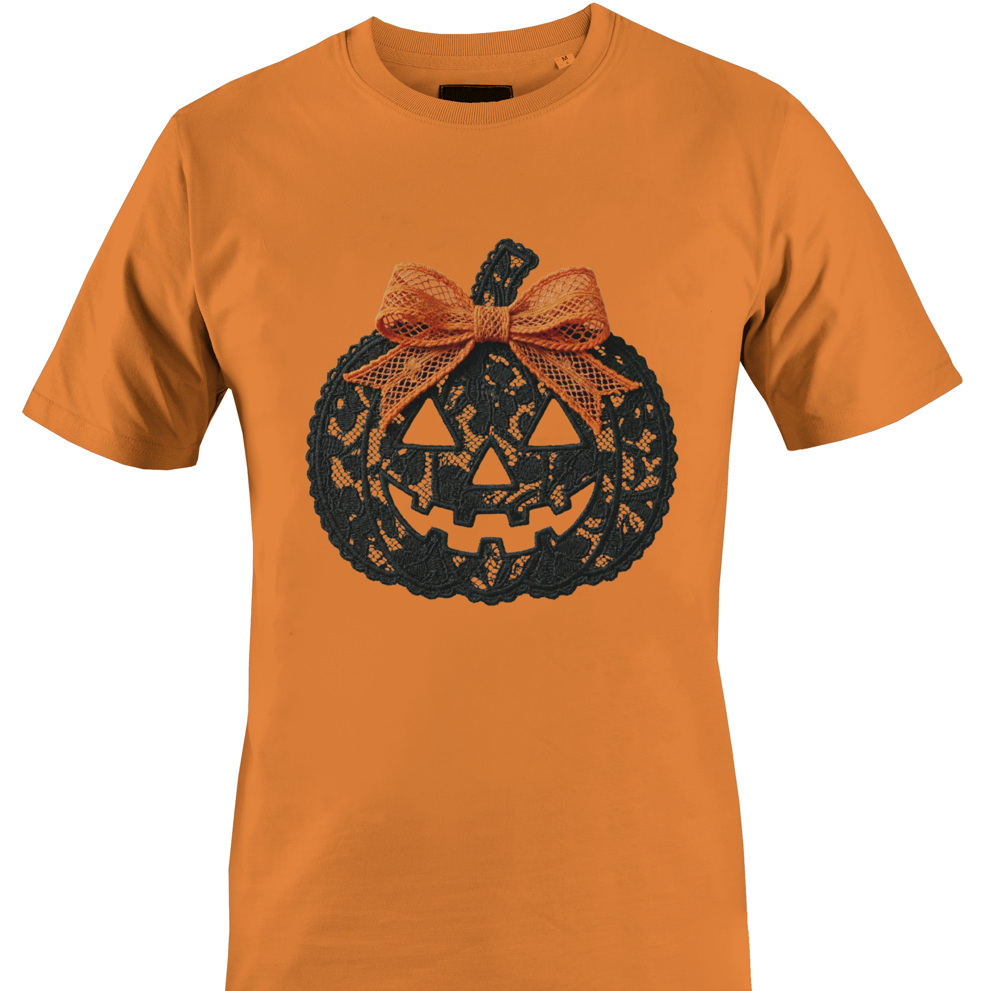Orange t-shirt with a black lace jack-o'-lantern with an orange lace bow for Halloween by Monkey's Creations. 