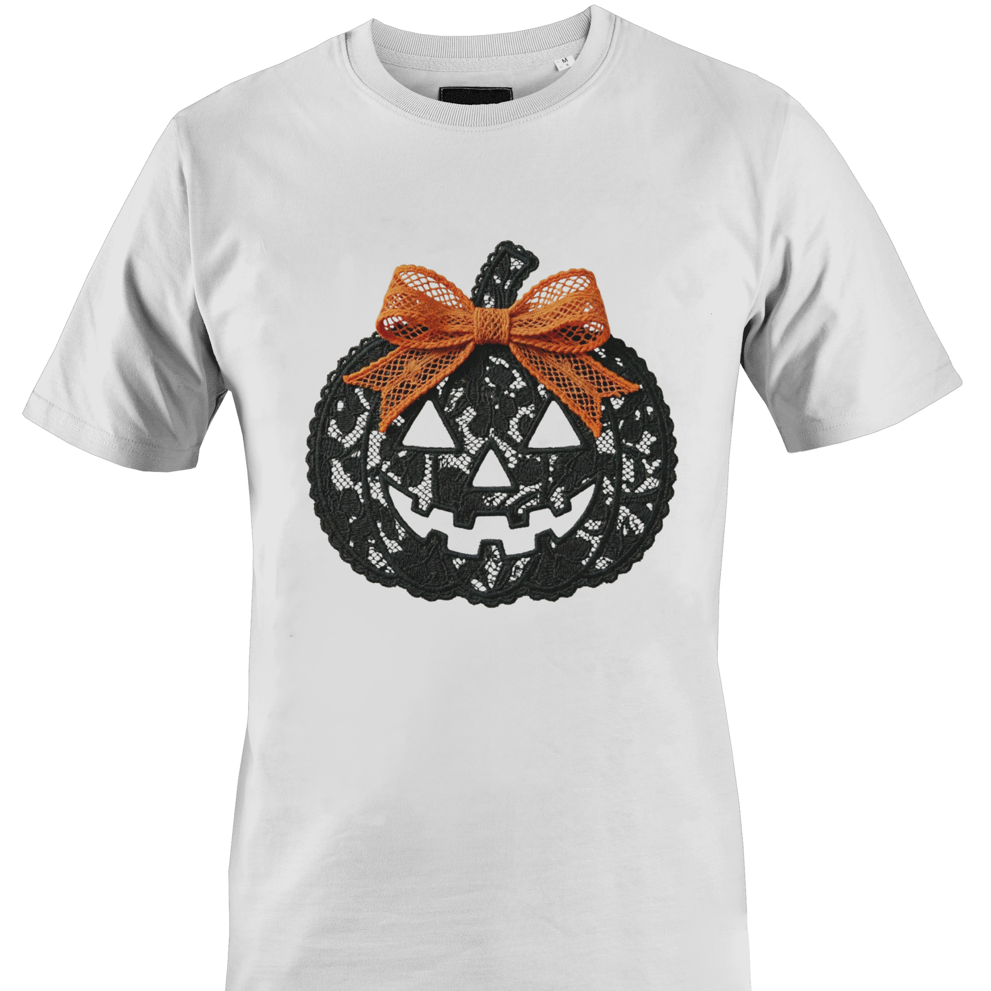 White t-shirt with a black lace jack-o'-lantern with an orange lace bow for Halloween by Monkey's Creations. 