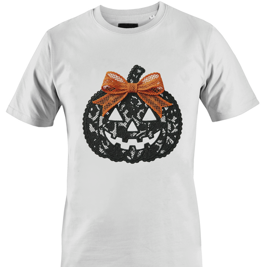 White t-shirt with a black lace jack-o'-lantern with an orange lace bow for Halloween by Monkey's Creations. 