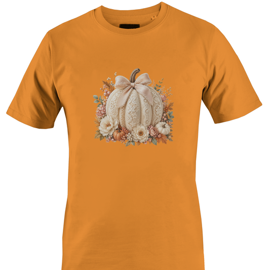 A orange crewneck t-shirt featuring a central graphic of a cream-colored lacy pumpkin decorated with a pink bow, surrounded by autumn elements, flowers and foliage by Monkey's Creations.