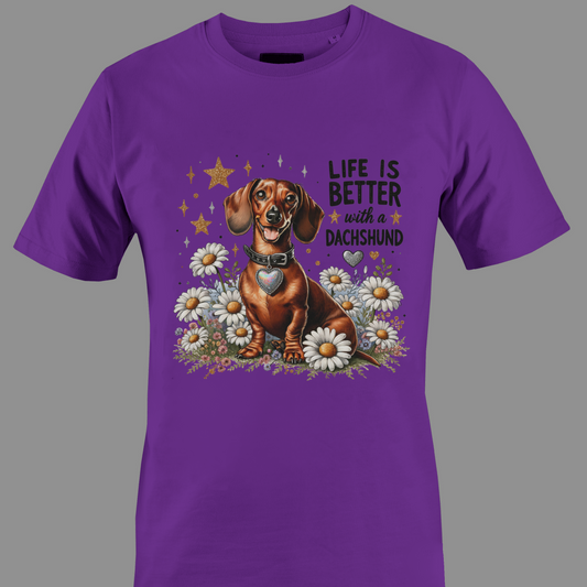 Dark purple t-shirt with a dachshund graphic and text life is better with a dachshund