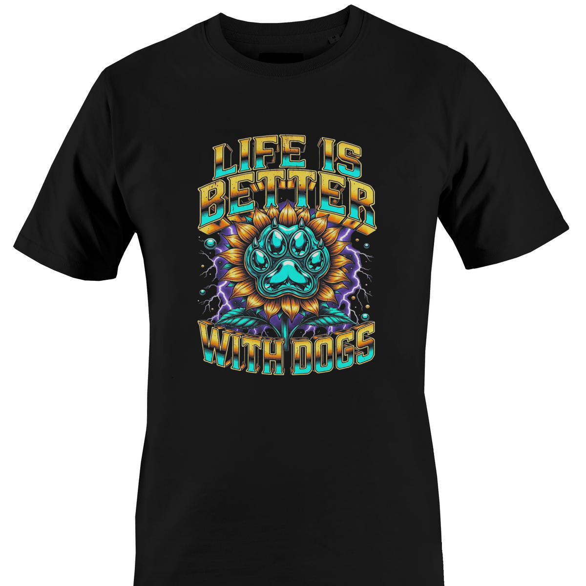 Black t-shirt with a large dog footprint surrounded by electricity in the middle and "life is better with dogs" by Monkey's Creations. 