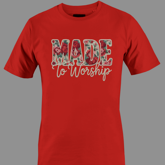 Red t-shirt with 'Made to Worship' text in a floral design 