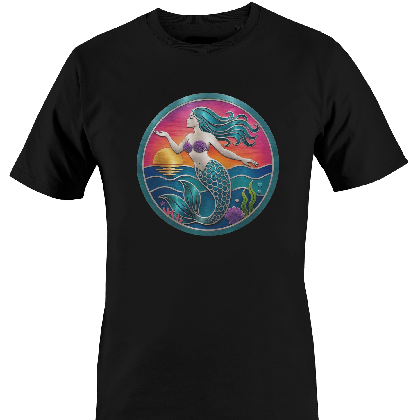 Black t-shirt with a mermaid and sunset on the ocean t-shirt by Monkey's Creations.