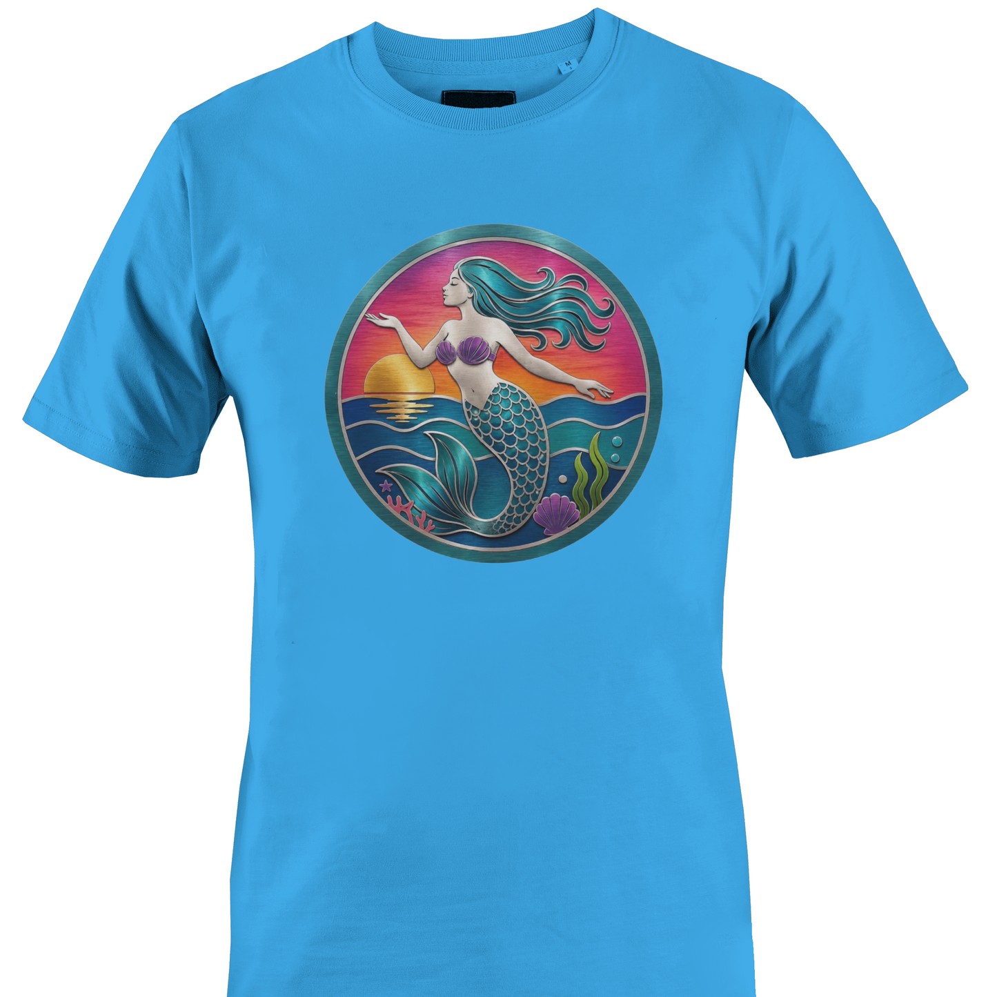 Blue t-shirt with a mermaid and sunset on the ocean t-shirt by Monkey's Creations.
