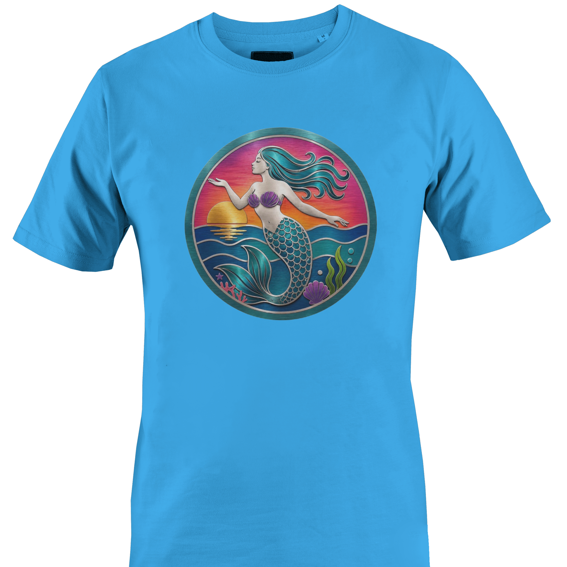 Blue t-shirt with a mermaid and sunset on the ocean t-shirt by Monkey's Creations.