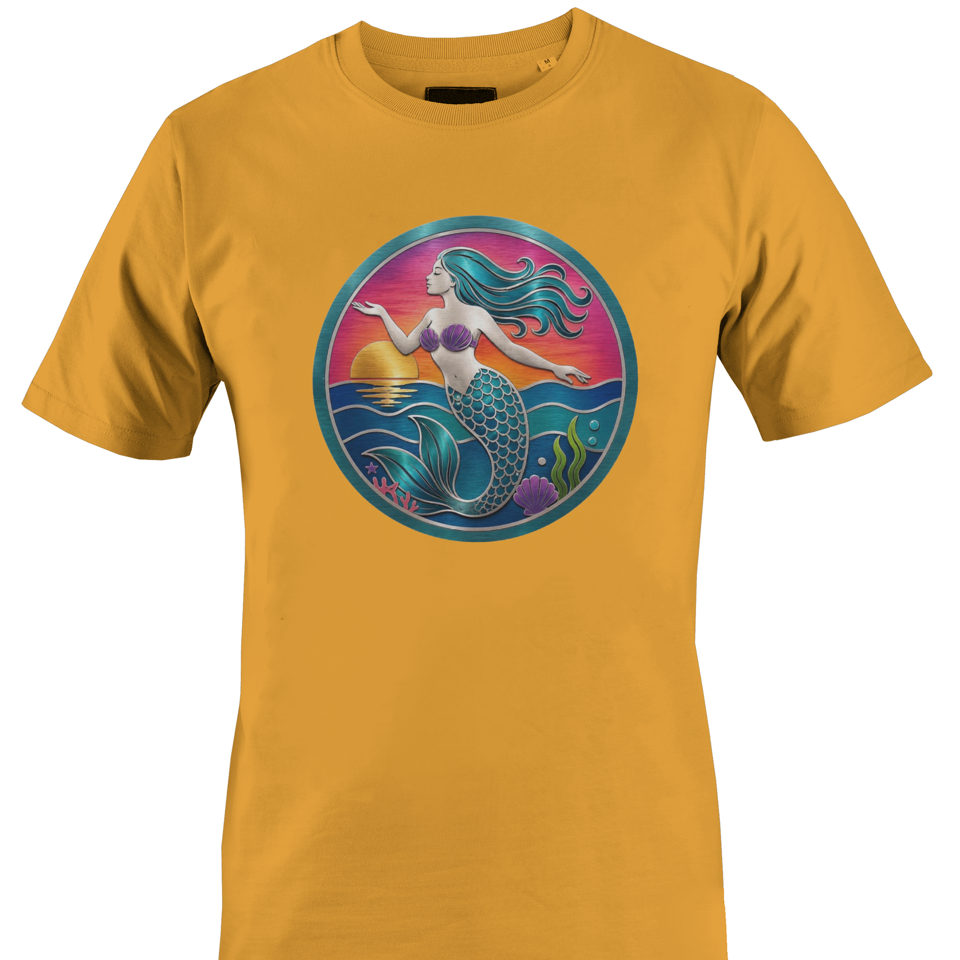 Orange t-shirt with a mermaid and sunset on the ocean t-shirt by Monkey's Creations.