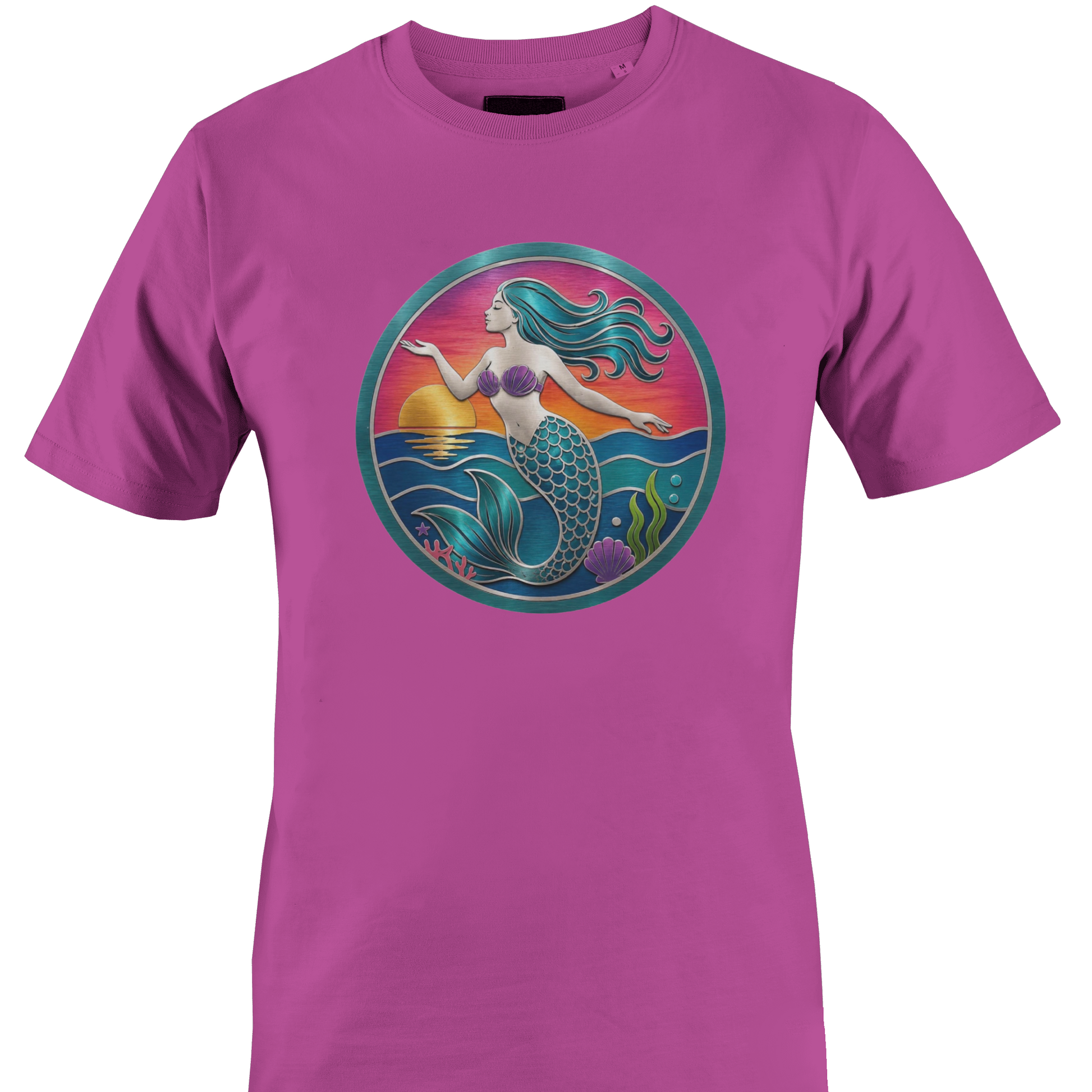 Pink t-shirt with a mermaid and sunset on the ocean t-shirt by Monkey's Creations.