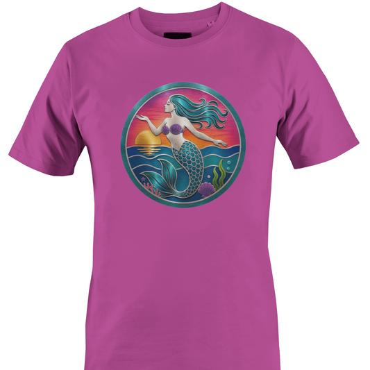 Pink t-shirt with a mermaid and sunset on the ocean t-shirt by Monkey's Creations.