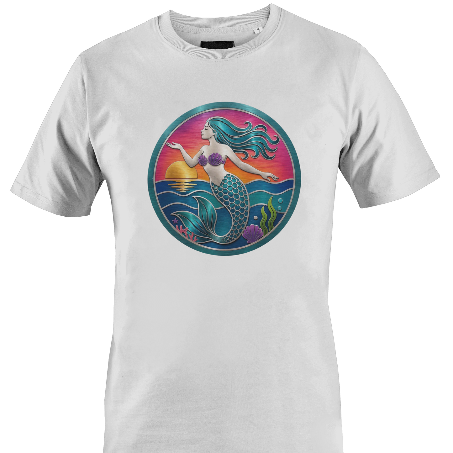 White t-shirt with a mermaid and sunset on the ocean t-shirt by Monkey's Creations.