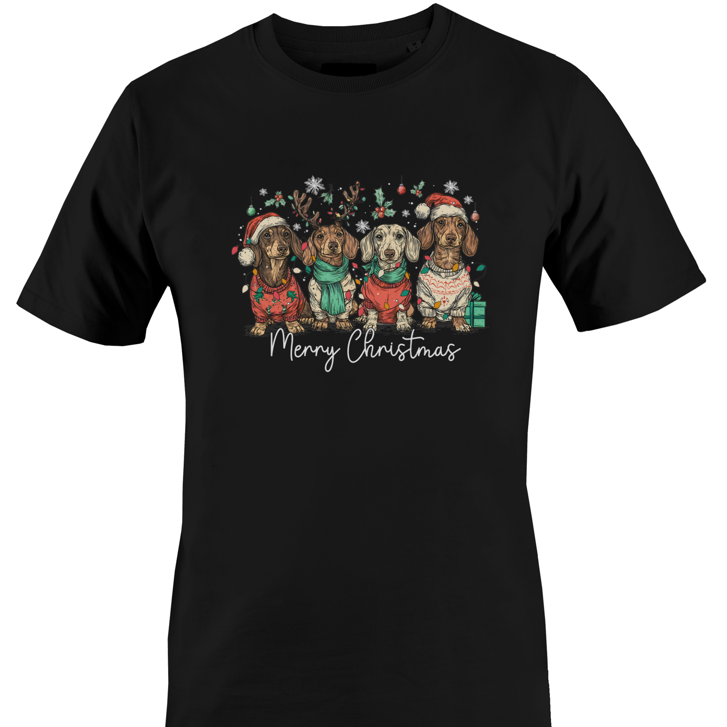 Black t-shirt with a rog of dogs in Christmas sweaters with "Merry Christmas" by Monkey's Creations. 