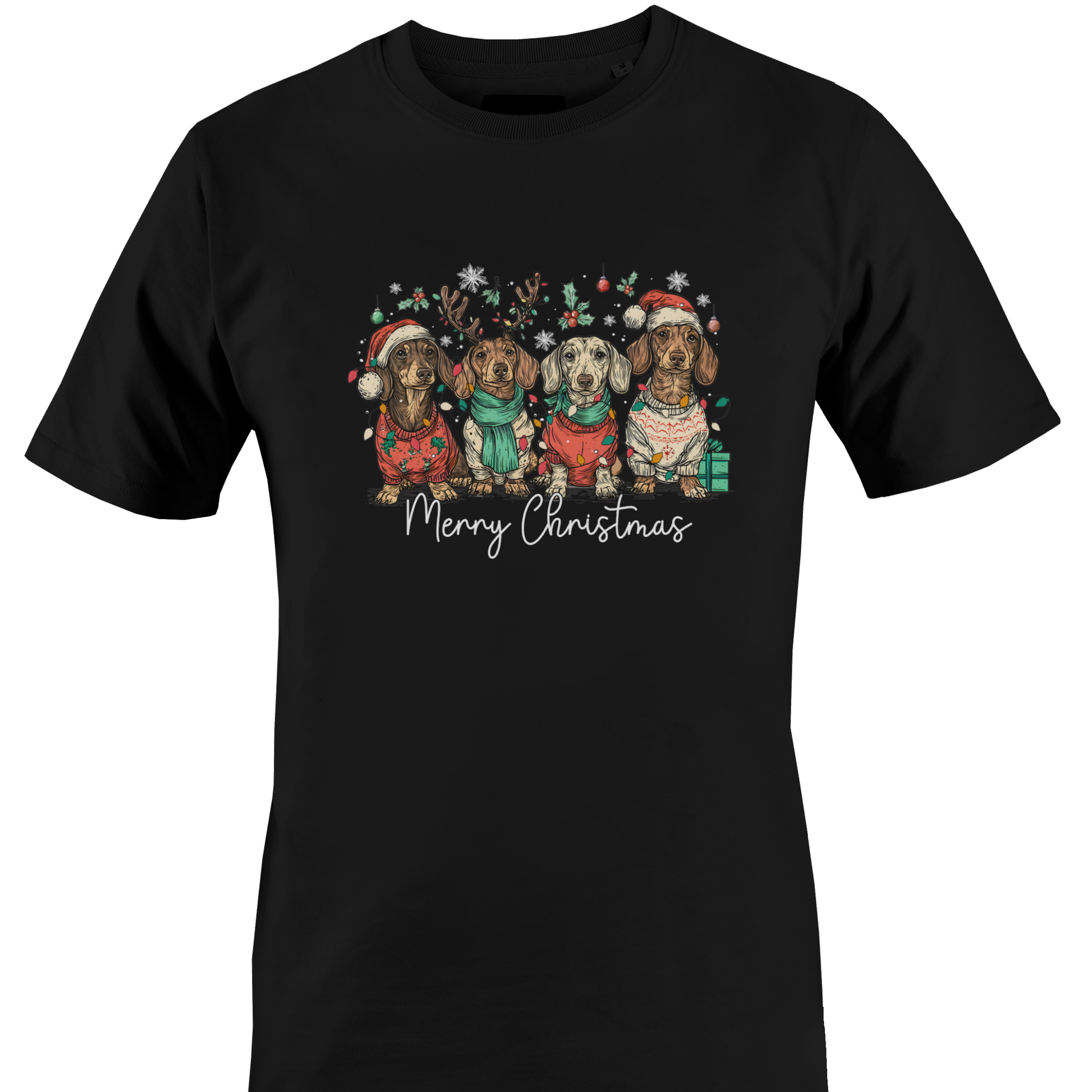 Black t-shirt with a rog of dogs in Christmas sweaters with "Merry Christmas" by Monkey's Creations. 
