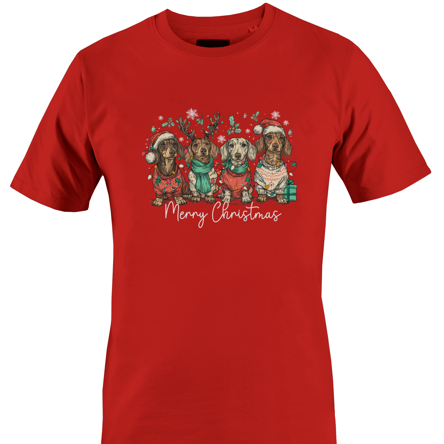 Red t-shirt with a rog of dogs in Christmas sweaters with "Merry Christmas" by Monkey's Creations. 