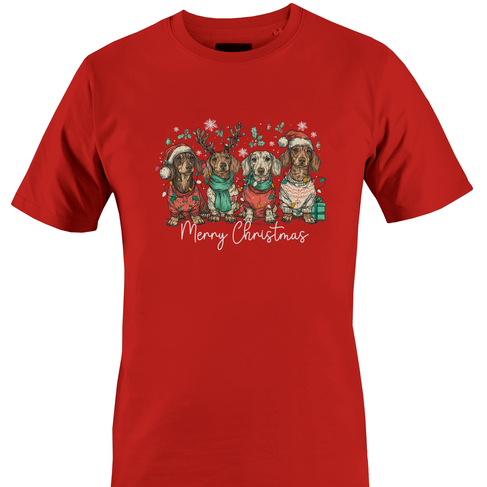 Red t-shirt with a rog of dogs in Christmas sweaters with "Merry Christmas" by Monkey's Creations. 